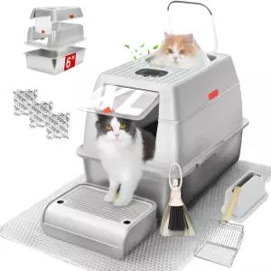 뚜껑이 있는 XL 스테인리스 스틸 쓰레기통 완전히 밀폐된 6인치 딥 메탈 고양이 누수 방지 대형 멀티 캣을