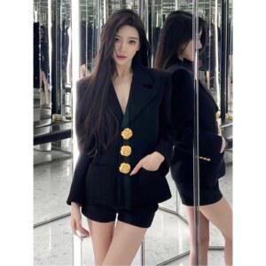 고퀄 돌잔치 버튼 블랙 가을 XS 셋업 쉬폰 골드버튼 모임룩 배색라인 돌잔치룩