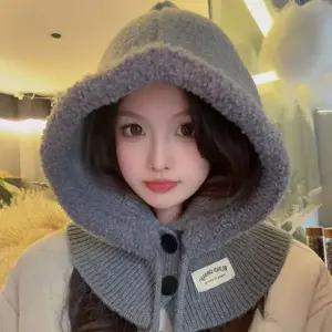 여성 추운겨울 뽀글이 따뜻한 방한 니트 단추 후드 넥워머 귀여운 바라클라바 모자 방한용품