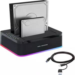 오프라인 복제 기능이 있는 듀얼 베이 RGB 하드 드라이브 도킹 스테이션 2x20TB USB 3.0 SATA HDD/SSD