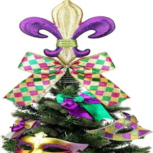 레티제 11.8 마디 그라 나무 토퍼 플뢰르 드 리스 장식품 카니발 파티 장식용 보라색 녹색 금색 글리터