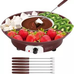IEBIYO 초콜릿 멜팅 포트 전기 퐁듀 세트 6개 디핑 포크 포함 3구 음식 트레이 치즈 디저트 집들이