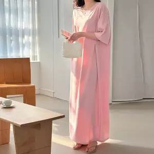 [하프클럽/]트임 배색 플리츠 롱 원피스 여름 반팔 A라인 데일리룩 G240