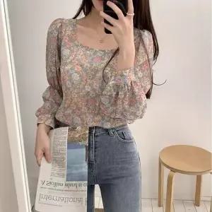 여성 퍼프 스퀘어넥 패턴 소매 블라우스 플라워 청순 블라우스
