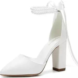 하이인레이 신부 청키 힐 샌들 신부용 여성용 오픈 토 블록 펄 웨딩 슈즈 펌프스