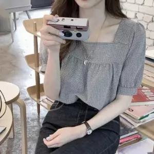 [JED] 블라우스 티 어깨 여성스러운 셔링 스퀘어넥 반팔셔츠