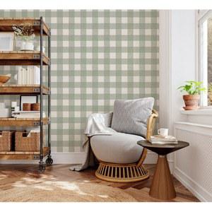 Gingham 체크 격자 무늬 벽지 롤 장식 침실을 위한 중립 녹색 대형 벽 종이 자체 접착 또는 전통 벽 커버