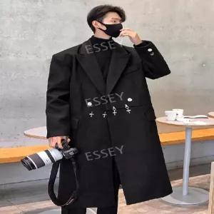 남자롱코트 모직 코트 버클 금속 가을 윈드 칼라 남성 장식 정장 브레이커 겨울