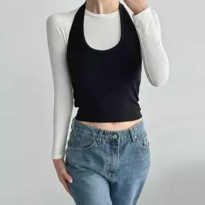 [하프클럽/]여자 유넥 홀터넥 무지 슬림핏 크롭 백리스 스판 나시