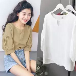 여성 랜턴 소매 블라우스 브이넥 루즈핏 여성 랜턴 소매 블라우스 칠부 여름