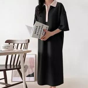 [하프클럽/]여름 반팔 카라 원피스 배색 포인트 셔츠형 롱 원피스 R231