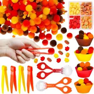가을 센서리 빈 키트 - 310PCS 파인 모터 토이 단풍잎 펠트 폼 핀셋 및 그릇이 포함된 분류 세트