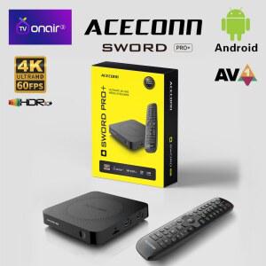셋톱박스 ACECONN Sword Pro 스트리밍 안드로이드 IPTV 박스 4K TVONAIR3 2GB 16GB 듀얼 WiFi 블루투스 지원 음성 리모컨 백라이트 찾기 RCU TV