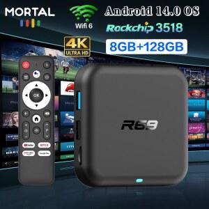 셋톱박스 스마트 TV 박스 안드로이드 14 구글 음성 인식 크롬캐스트 게임 4K HDR 8GB 128GB 블루투스 와이파이 RK3518 R69 홈시어터