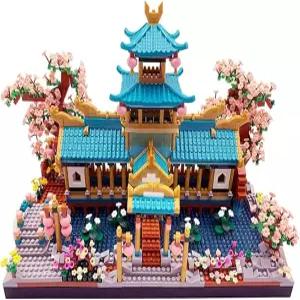 Wriyvngs 마이크로 빌딩 블록 세트 벚꽃 분재 나무가 있는 중국 쑤저우 정원 건축 모델 키트 일본 사쿠라
