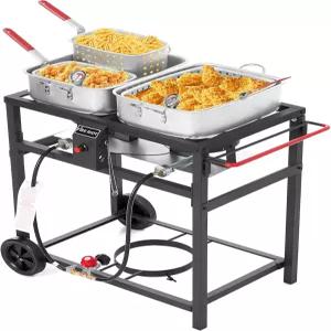 더블 버너 프로판 스토브가 있는 딥 프라이어 야외 - 2-18QT 알루미늄 냄비 및 프라이팬 바구니 피쉬 윙