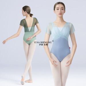 여성 발레 레오타드 댄스 나일론 스플 라이스 반소매 플리츠 바디 슈트 성인 가짜 투피스 체조
