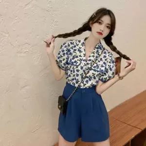 쉬폰블라우스 여름 꽃무늬 반팔 카라 블라우스 반바지 투피스 셋업