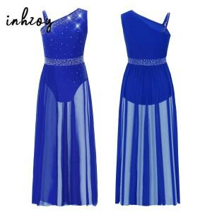 어린이 소녀 발레 서정적 댄스 코스튬 사선 어깨 민소매 라인스톤 쉬어 메쉬 체조 레오타드 현대 무호환용