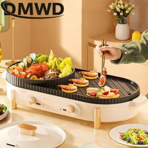 DMWD 전기 그릴 2 in 1 핫팟 바베큐 무연 요리 냄비 논스틱 베이킹 그리들 스테이크 오믈렛 로스팅 팬