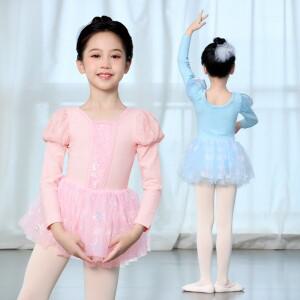 어린이 소녀 발레 퍼프 슬리브 투투 원피스 V 자형 스팽글 댄스 레오타드 공주 긴 소매 의상