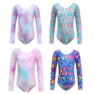 여자 인쇄 긴 소매 발레 체조 레오타드 반짝 이는 스판덱스 댄스 의상 바디 슈트 댄스웨어 512  동안