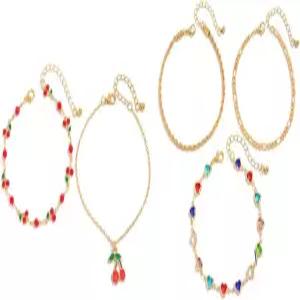 여성용 5피스 발찌 체인 세트 - 여름 휴가 축제를 위한 보헤미안 비치 크리스탈 체리 드립 오일