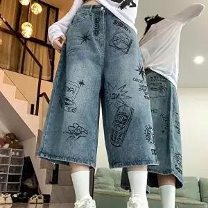 7부바지 여성 7부 와이드핏 청바지 캐주얼 스트릿 데님팬츠