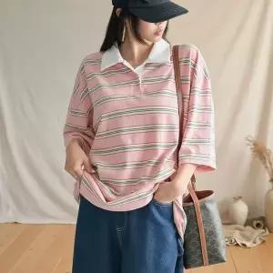 [다잇템] 여성 줄무늬 카라티 큰사이즈 칠부 캠퍼스스타일