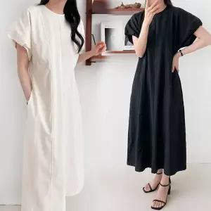 [하프클럽/]핀턱 절개 퍼프 소매 루즈핏 롱 원피스 하객룩 데이트룩 Tb246