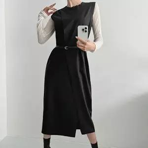 [옷자락]여자 하객룩 포멀 랩원피스 슬림벨트 민소매 롱원피스