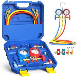루니 3방향 AC 게이지 세트, R134a R12 R22 R502 냉매용 매니폴드 5FT 난연 호스, 커플러, 어댑터, 자체 밀봉 및 천공 캔 탭 가능