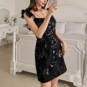 [옷자락]여자 파티룩 스팽글 플라워 프릴 나시 슬림 미니원피스