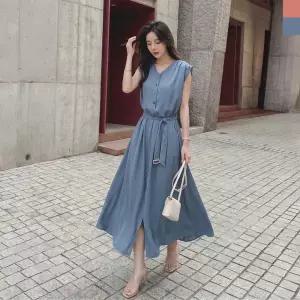 [리빌모아]여성 V넥 쉬폰 벨트 나시 롱 원피스 DJW-OPA-SKAA9006W