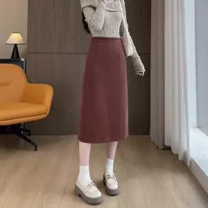 스커트 레드 모직 트임 원턱 앙고라 여자정장스커트 ible1