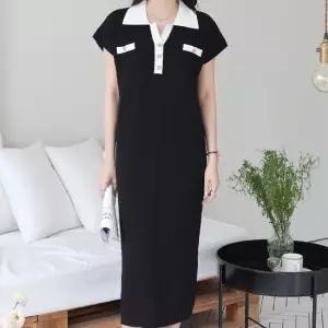 H스타일 OP)카라배색니트롱원피스 봄 여름 원피스 OPS 데일리 홈웨어 빅사이즈 데이트룩