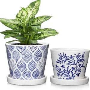 식물을 위한 파란색 및 흰색 세라믹 냄비 배수 구멍 접시가 있는 실내 장식용 화분 원형 다육식물 선인장