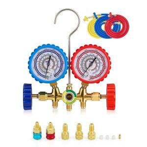 오리온 모터 테크 AC 게이지 세트, 충격 방지 HVAC 고무 케이스가 있는 R134a R22 R404a 냉매 충전용 3방향 매니폴드 세트 커플러 R410a 어댑터 29