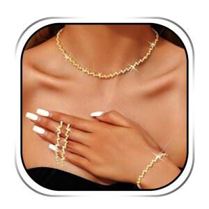 JEAIRT 라인스톤 초커 목걸이 주얼리 세트 브라이덜 다이아몬드 테니스 체인 목걸이 귀걸이 및 브레이슬릿 블링 프롬 공식 주얼리 세트 여성용