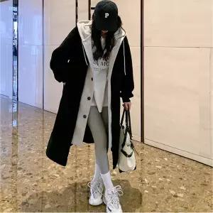 깜도리3 검정 롱 겨울 캐주얼 코트 양털 오버핏 후드 레이어드