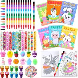 Seajan 110개 부활절 파티 선물 세트 토끼 색칠 책 대량 크레용 팔찌 스트레스 볼 스티커 스탬프 달걀