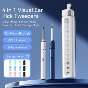 12MP 카메라가 장착된 비주얼 Wi-Fi 이어 클리너 귀지 제거 도구(이어픽 핀셋 이어스푼 포함) 귀 관리