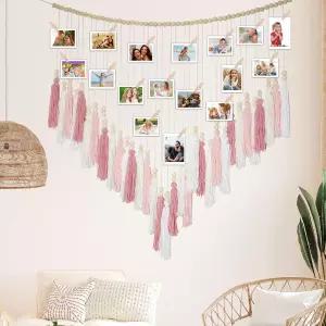 마크라메 걸이 사진 디스플레이 벽 장식 보호 룸 침실 나무 구슬 갈랜드 그림 홀더 클립 30개 포함