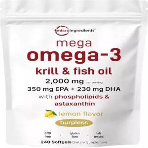 메가 오메가-3 크릴 앤 피쉬 오일 2 000mg 상당 소프트젤 240개 레몬 향 버플리스 에센셜 지방산