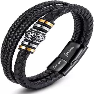 구슬 끈과 스테인리스 스틸 걸쇠를 가진 남성용 FATACI 가죽 팔찌 클래식 블랙 다층 땋은 커프 랩 손목
