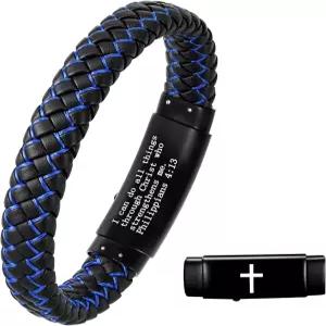 에어로우 남성 팔찌 주얼리 선물 빨간색과 검은색 땋은 가죽 크로스 브레이슬릿 구절이 새겨진 스테인리스