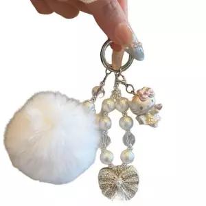 키티 반짝이 다이아몬드 리본 진주 구슬 휴대폰 키링 흰 털 뭉치