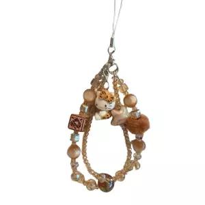 키티 브라운 레오파드 크리스탈 구슬 비즈 휴대폰 키링 스트랩