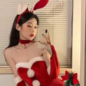 산타걸 여자 산타복 크리스마스 코스프레 38CM 바니걸 토끼귀 핑크 망토 의상