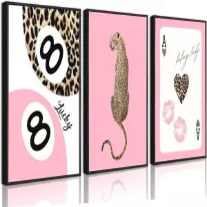 YZLYAD 3Pcs 트렌디한 핑크 레오파드 월 아트 보우 체리 립 프린트 캔버스 포스터 사진 Y2K 스타일리시한